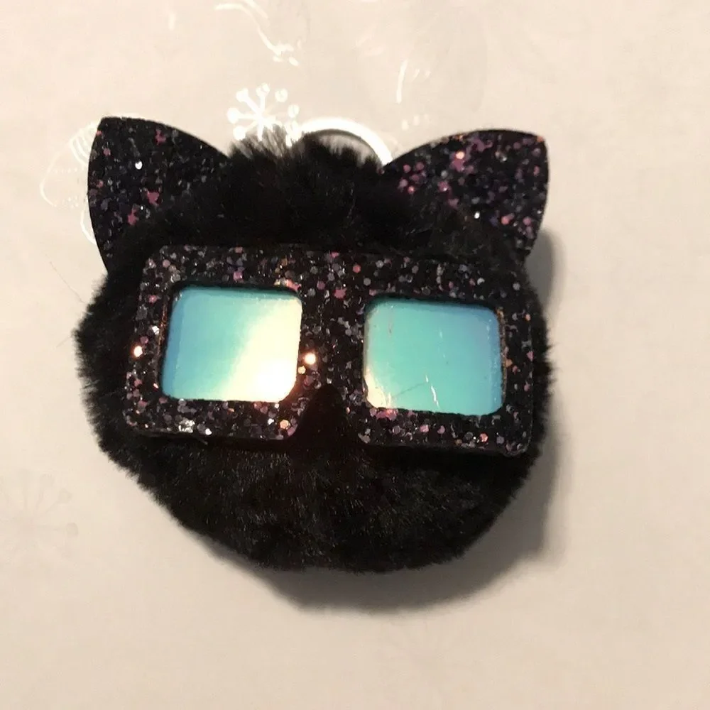 Black Sunglasses Cat Sparkly Fluffy Keychain